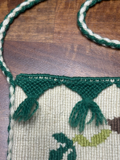 Vintage 60s/70s Green Woven Folk Art Tassel Trim Tote Bag