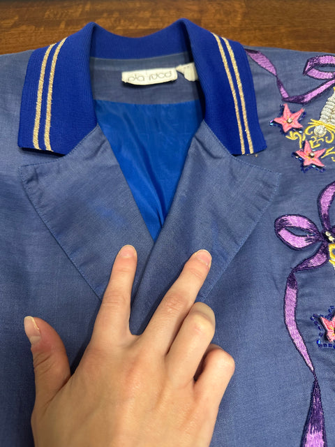 Vintage 80s Pia Rucci Periwinkle Embroidered Art Deco Blazer (14, ~S)