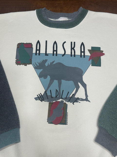 Vintage 90s Alaska Wildlife Fleece Colorblock Sweatshirt (~XL)