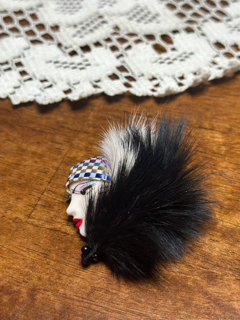 Vintage 80s Art Deco Lady Face Brooch w/ Faux Fur & Sequin Headband