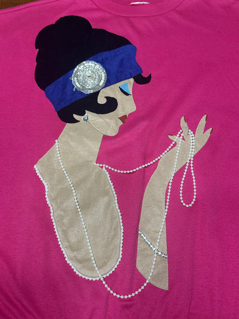 Vintage 80s Embellished Applique Pink Lady Shirt (~M)