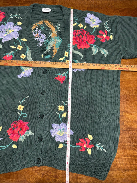 Vintage 80s Green Floral Basket Knit Cardigan Sweater (~2X)