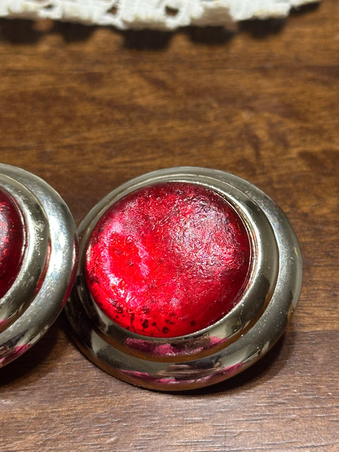 Vintage 80s Red Resin + Silver Metal Trim Clip-On Statement Earrings