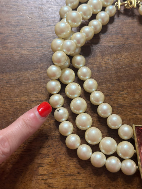 Vintage Richelieu Triple Strand Pearl Choker w/ Pink Gem Center