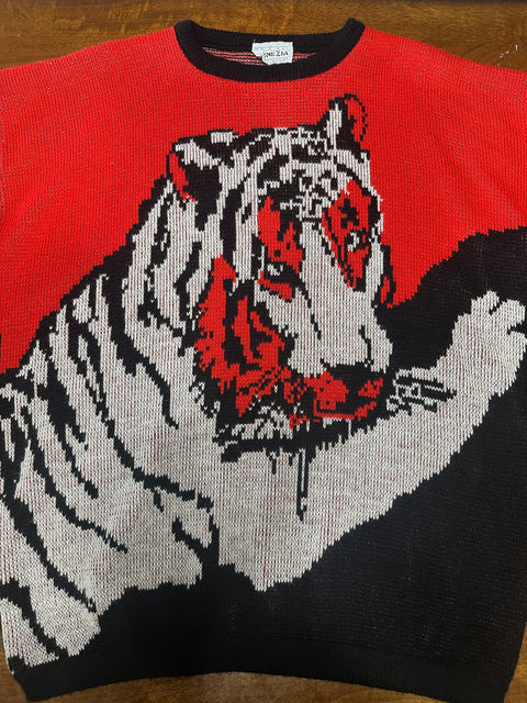 Vintage 80s Red Black Tiger Statement Sweater (L/XL)
