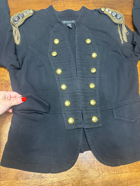 Vintage Black Military-Style Jacket with Gold Button Fringe Details (S/M)