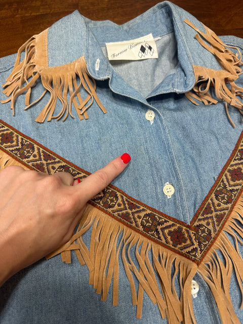 Vintage 80s Western Fringe Denim Rodeo Button-Up (~M)