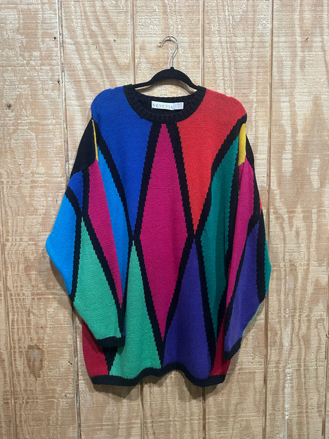Vintage 80s Rainbow Geometric Knit Sweater (22/24, ~XL)