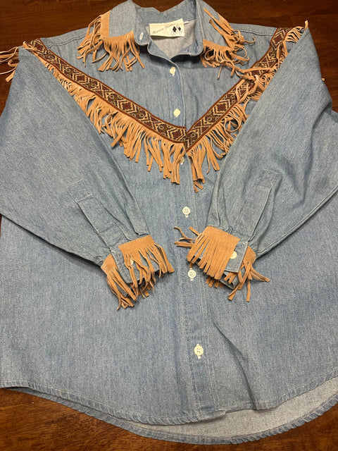 Vintage 80s Western Fringe Denim Rodeo Button-Up (~M)