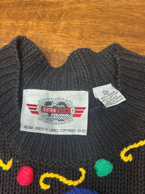 Vintage 80s Rainbow Stars & Hearts 3D Knit Statement Sweater (L, XL+)