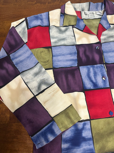 Vintage Multicolored Stained Glass Checker Pattern Blouse (M/L)
