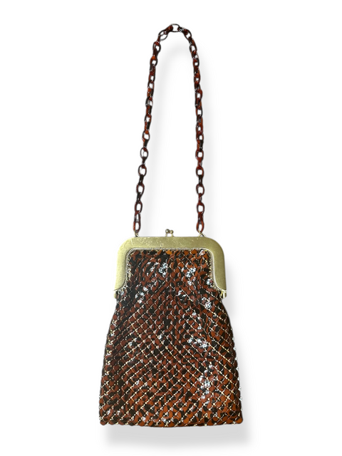 Vintage 60s/70s Whiting & Davis Amber Mesh Evening Bag w/ Tortoise Chain Strap