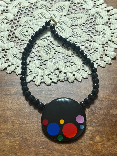 Vintage 80s Black Modernist Colorful Dot Pendant Statement Necklace