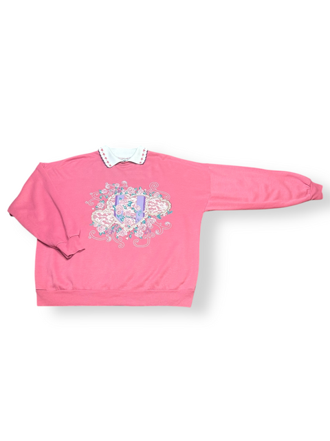 Vintage 90s Pink Floral Collared Grandma Sweatshirt (M)
