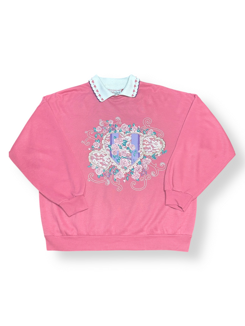 Vintage 90s Pink Floral Collared Grandma Sweatshirt (M)