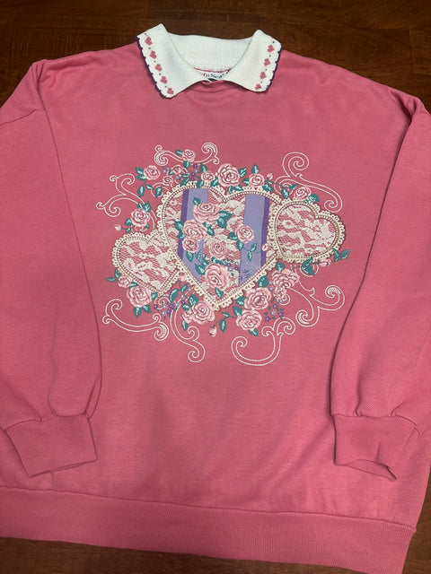 Vintage 90s Pink Floral Collared Grandma Sweatshirt (M)