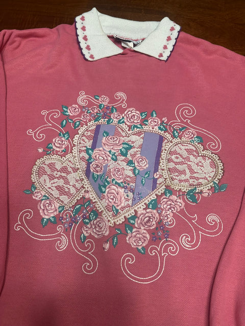 Vintage 90s Pink Floral Collared Grandma Sweatshirt (M)