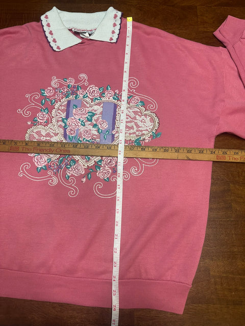 Vintage 90s Pink Floral Collared Grandma Sweatshirt (M)