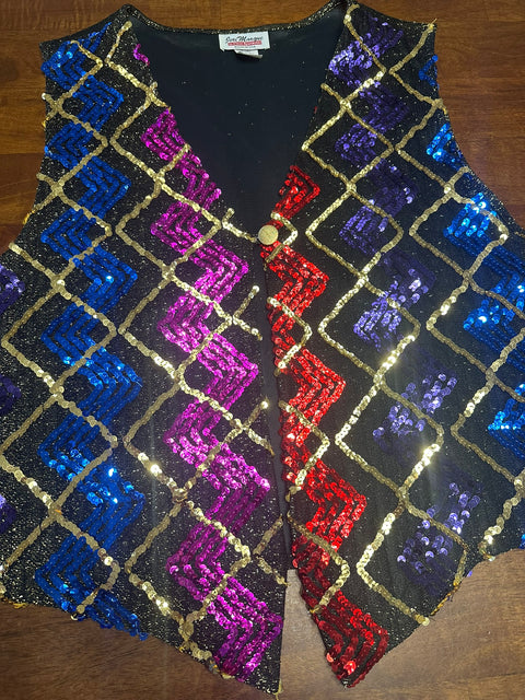 Vintage 80s Funky Rainbow Zig Zag Sequin Lurex Vest ('2X')