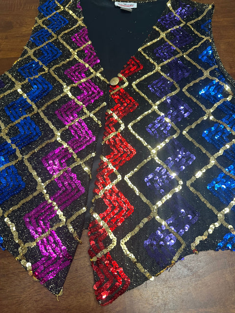 Vintage 80s Funky Rainbow Zig Zag Sequin Lurex Vest ('2X')