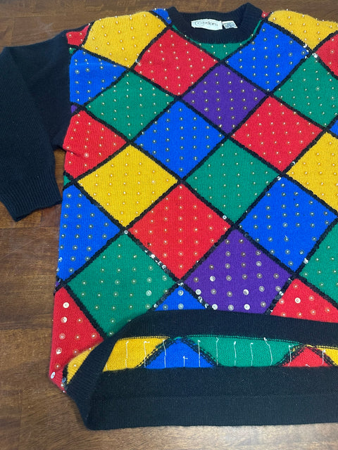 Vintage 80s Cedars Rainbow Checkered Sequin Sweater (M)