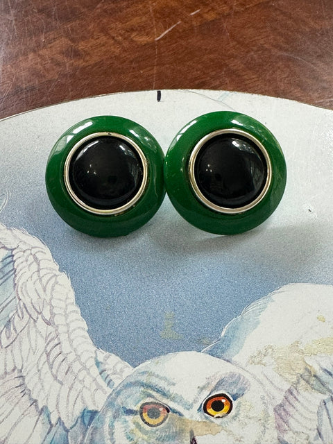 Vintage ~80s Large Green/Black Circle Statement Earrings