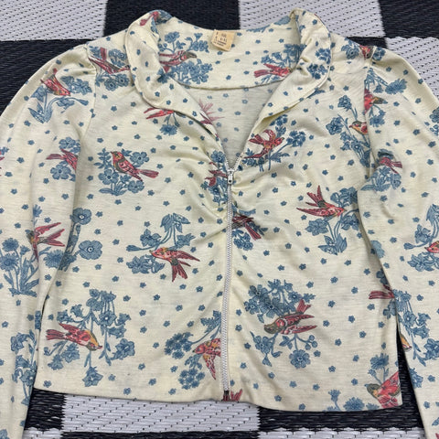 Vintage 70s Cropped Floral/Bird Zip-Up Blouse (9/10; ~S)