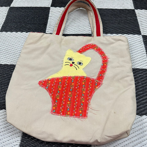 Vintage Handmade Applique Cat/Quilted Patchwork Tote Bag