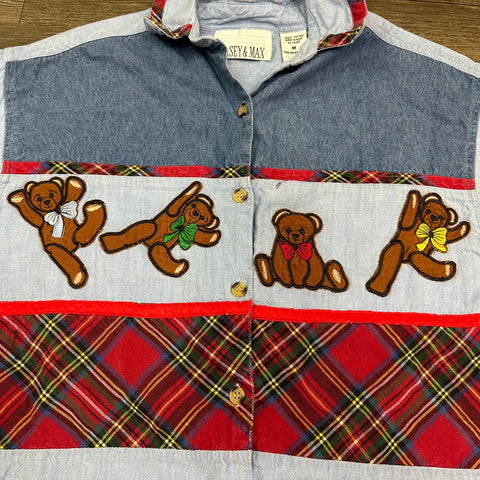 Vtg Embroidered Silly Teddy Bears Button-Up🧸 (M)