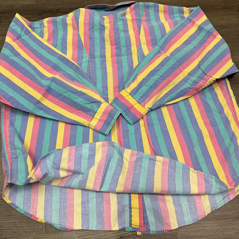 Vtg Bonjour Multicolor Pastel Striped Button-Up ('22w'; ~2X)