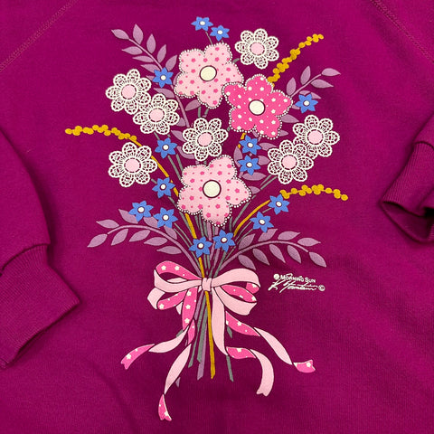 Vtg 90s Fuschia Pink Floral Bouquet Collared Sweatshirt (~M)