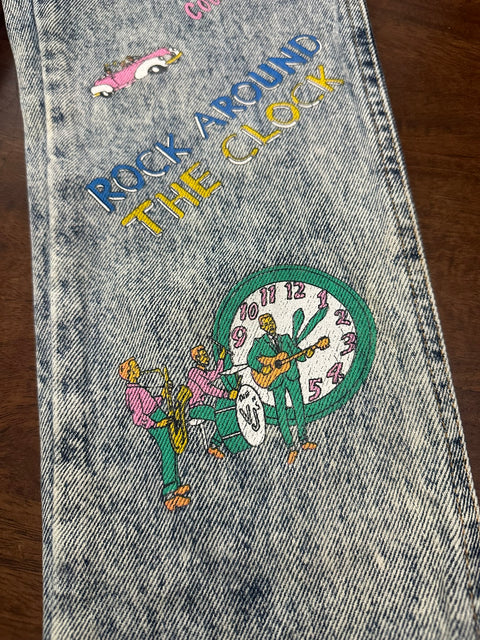 Rare Vintage 80s Helium Acid Wash 'Sock Hop, Cool Daddy' Retro Painted Skinny Jeans (XXS/XS) '3' tag, 23" waist