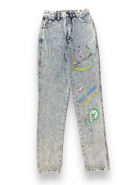 Rare Vintage 80s Helium Acid Wash 'Sock Hop, Cool Daddy' Retro Painted Skinny Jeans (XXS/XS) '3' tag, 23" waist