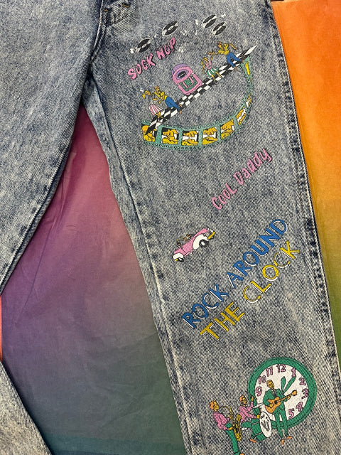 Rare Vintage 80s Helium Acid Wash 'Sock Hop, Cool Daddy' Retro Painted Skinny Jeans (XXS/XS) '3' tag, 23" waist