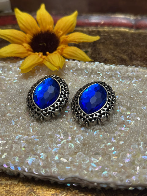 Vintage Blue Crystal Sapphire Silver Engraved Statement Clip-On Earrings 🔵