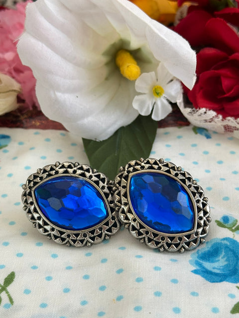 Vintage Blue Crystal Sapphire Silver Engraved Statement Clip-On Earrings 🔵