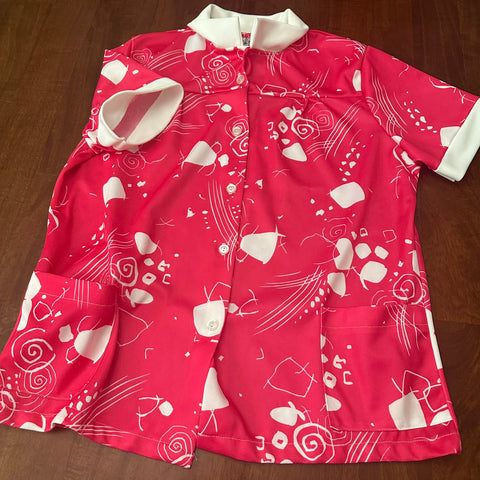 Vintage 70s Pink Novelty Patterned Polyester Button-Up ('L')