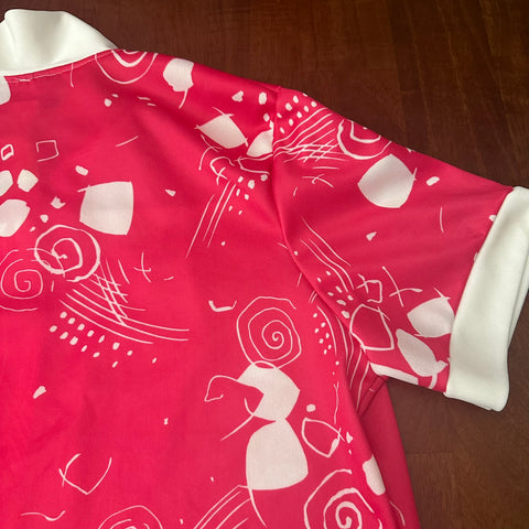 Vintage 70s Pink Novelty Patterned Polyester Button-Up ('L')