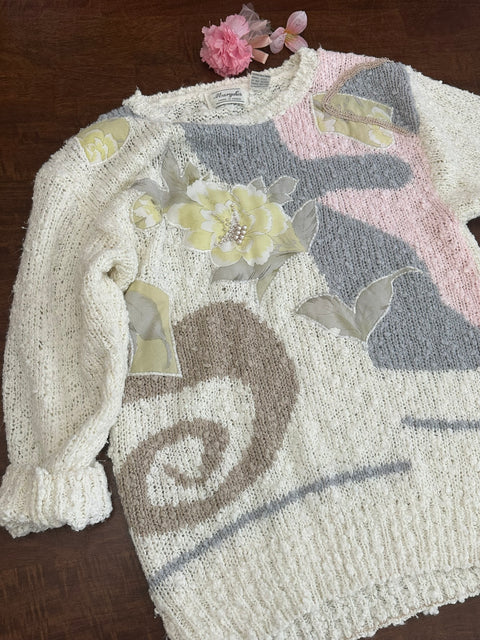 Vintage 80s Pastel Beaded Applique Textured Sweater (S/M)