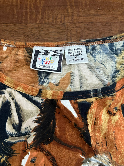 Vintage 90s Artsy Beaded Graphic Horse Print Shirt 🐴 (~L)