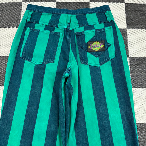 Vintage 90s Exhaust Patchwork Light/Dark Green Striped Jeans (tag 32; ~31" waist)