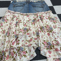 Y2K Crest Layered Denim/Floral Sheer Embellished Skirt ("5/6"; 30" waist)
