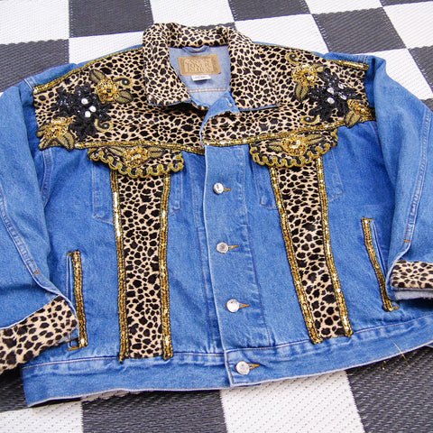 Vintage Reworked Safari/Elephant Embellished Heavy Denim Jacket (XL/2X)