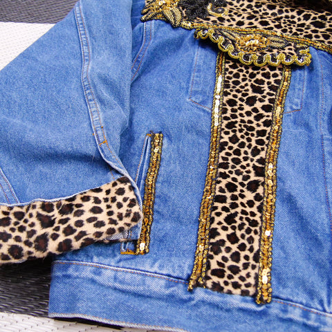 Vintage Reworked Safari/Elephant Embellished Heavy Denim Jacket (XL/2X)