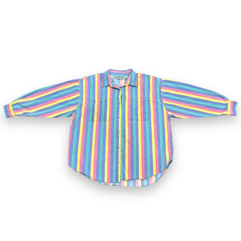 Vtg Bonjour Multicolor Pastel Striped Button-Up ('22w'; ~2X)