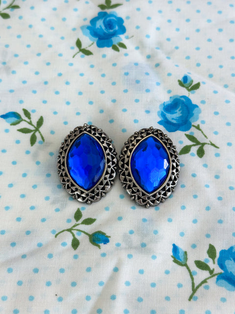 Vintage Blue Crystal Sapphire Silver Engraved Statement Clip-On Earrings 🔵