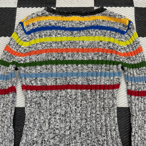 Vintage Grey/Rainbow Striped V-Neck Sweater (M)