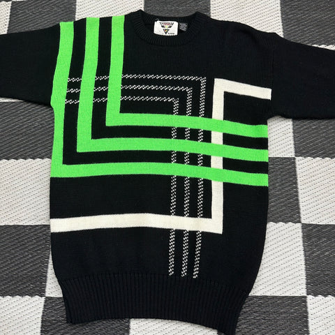Vintage 80s Neon Green/Black Geometric Lines Sweater (S/M)