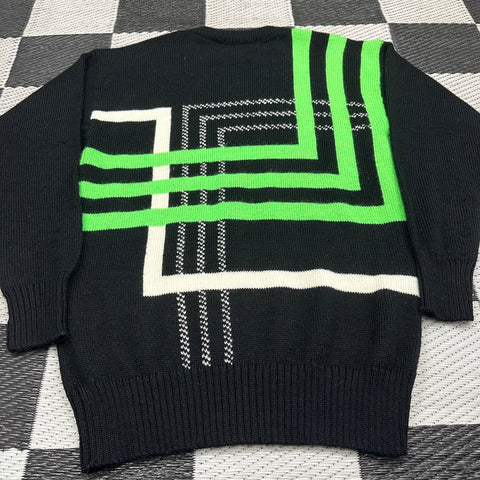 Vintage 80s Neon Green/Black Geometric Lines Sweater (S/M)