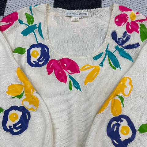 Vintage 80s Floral Applique Puffy Sleeve Sweater (S)